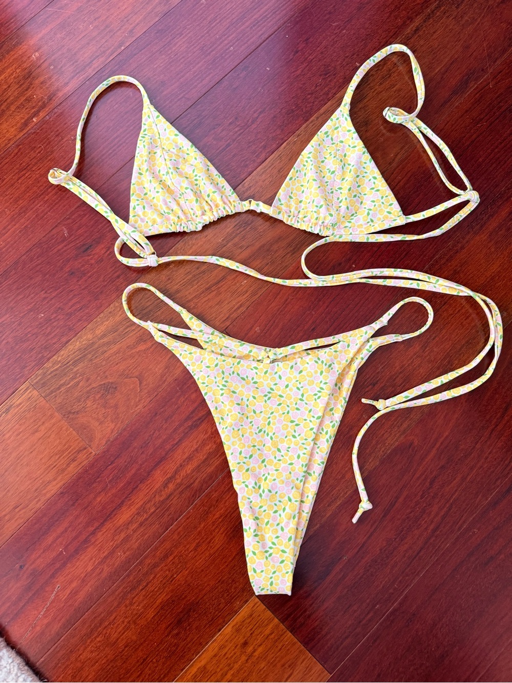 Yellow Floral Triangle Bikini Top and Bottom Set